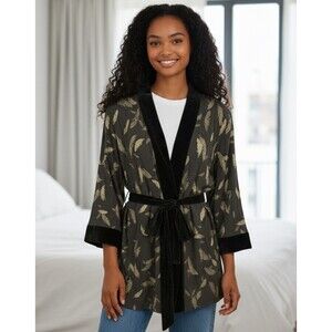 Johnny Was Velvet Metallic Feathers Kimono Cardigan Women M Floral Boho W Belt